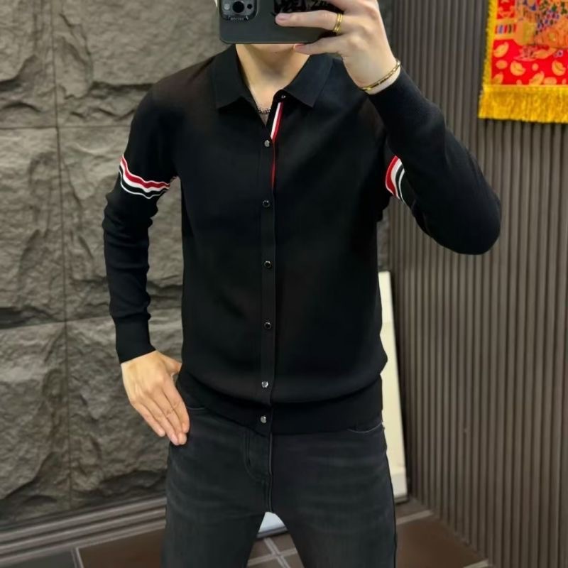 Men's Contrasting Color Knitted Lapel Slim Fit Long Sleeve Sweater Bottoming Shirt