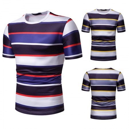 New Summer Men's Short-Sleeved T-Shirt Men's Contrast Striped Slim Casual T-Shirt