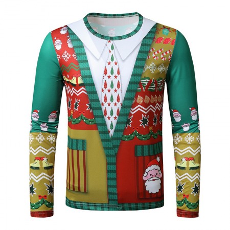 New 3D Personality Fake Two-Piece Printing Fashion Men's Christmas Long-Sleeved T-Shirt