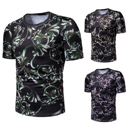 New Fashion Men's European Floral Print Short-Sleeved T-Shirt